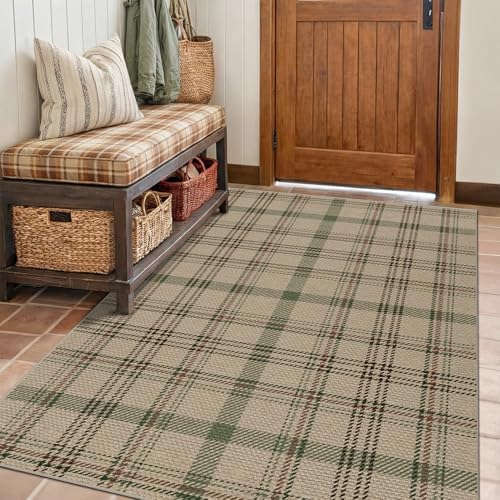JTJ Easy Jute Plaid Rug 4x6, Beige & Sage Green, Washable Outdoor Rug by JTJ
