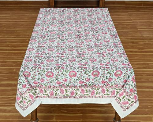72x135 Inches Rectangle Hand Block Printed Cotton Tablecloth, Green Pink Floral Table Cloths Washable, Indian Table Linen for Halloween Christmas Outdoor Thanksgiving Gifts Home Decor Dinning Outdoor - Image 2