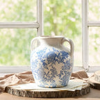 Ceramic Vase with Handles, Vintage Utensil Holder, Flower Decorative Vase Chinoiserie Decor Rustic Farmhouse Retro Floral Vases for Table Bookshelf Mantel Kitchen Living Room Office - 6.7” Blue 018 - Image 4