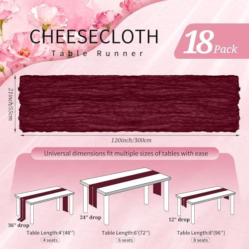 18 Pack Cheesecloth Table Runner 10FT Burgundy Red Table Runner Boho Gauze Cheese Cloth Table Runners Long Rustic Sheer Table Decorations for Wedding Party Baby Bridal Shower Birthday Holiday Home - Image 2