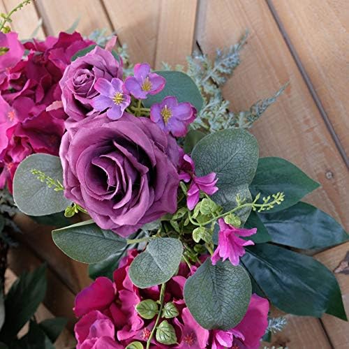 Artificial Purple Rose Wreaths 20 inches Front Door Wreath with Hydrangea Green Leaves Artificial Spring Wreaths Valentines Mother's Day Wreath for Wall Wedding Party Home Decor (Purple) - Image 6