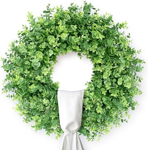26" Artificial Eucalyptus Wreath with Sash for Front Door Decor(Green) by GLIDLION