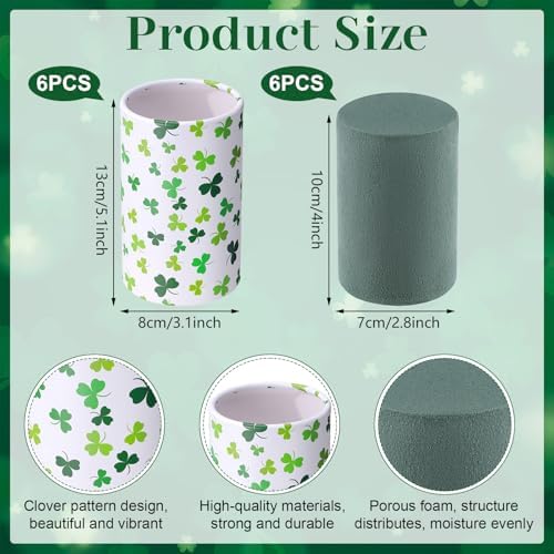 Remerry 6 Set 5 Inch St. Patrick's Day Clover Vase Table Centerpiece Shamrock Round Flower Box with Paper Removable Foam Green Clover Leaves Vase for Irish Wedding Holder Kitchen Home Party Decoration - Image 2