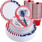 LIYH 180 Pcs 4th of July Plastic Plates Red White Blue, Plastic Silverware Patriotic Party Memorial Day Plate for Independence Day 4th of July Decorations 30 Guests by LIYHLoveinyourheart
