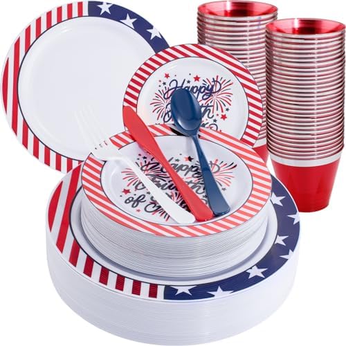 LIYH 180 Pcs 4th of July Plastic Plates Red White Blue, Plastic Silverware Patriotic Party Memorial Day Plate for Independence Day 4th of July Decorations 30 Guests by LIYHLoveinyourheart