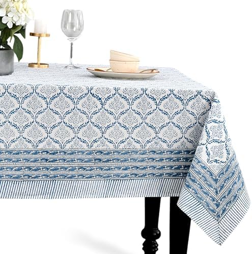 CPC Indigo Regal Tablecloth 100% Cotton 70x118 Inch Indian Block Print Rectangle Table Cover, Table Cloth for Gifting in Weddings, Halloween, Fall, Christmas, Thanksgiving by COTTONPRINTCLUB