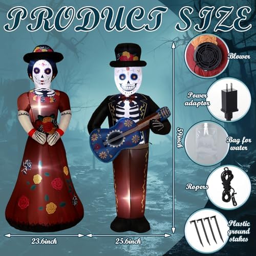 Fourluoo 2 Pcs 4.9 ft Dia De Los Muertos Inflatable Outdoor Decoration Day of The Dead Light up Blow up Sugar Skull Halloween Inflatable Couple Groom and Bride Yard Decoration for Garden Lawn Decor - Image 3