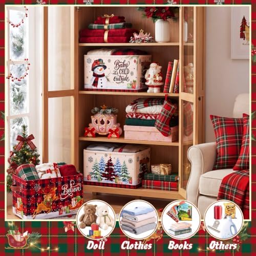 6 Pcs Large Christmas Storage Baskets, Buffalo Plaid Snowman Xmas Bins - Image 4