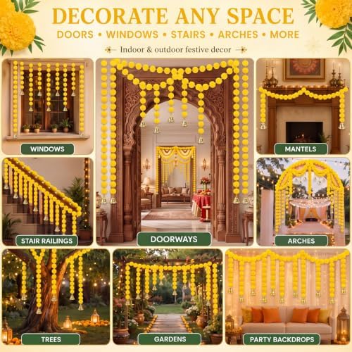 Suncalla 12 Pcs 4 Ft Marigold Garland Gold Bell,Yellow - Image 6