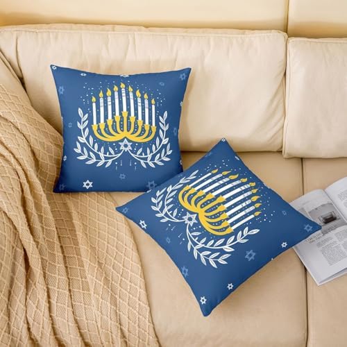 Erosebridal Hanukkah Hexagram Stars Throw Pillow Covers Six-Pointed Star Candlestick Pillow Cases 24X24 Inch for Sofa Bed Couch,Watercolor Candle Lights Decorative Cushion Covers, Blue and White 2Pcs - Image 2