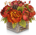 Fall Peonies Artificial Flowers Arrangements In Rustic Square Wooden Box by VillaComo