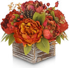 Fall Peonies Artificial Flowers Arrangements In Rustic Square Wooden Box by VillaComo