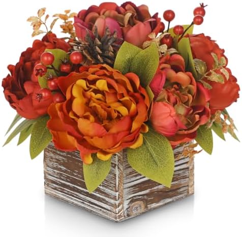 Fall Peonies Artificial Flowers Arrangements In Rustic Square Wooden Box by VillaComo