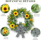 22" Sunflower Wreaths for Front Door, Rustic Summer Spring Front Door Wreath with Eucalyptus and Buffalo Plaid Bow for Indoor Outdoor Wall Window, Farmhouse Floral Wreath Decor for Porch - Image 5