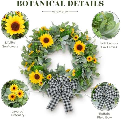 22" Sunflower Wreaths for Front Door, Rustic Summer Spring Front Door Wreath with Eucalyptus and Buffalo Plaid Bow for Indoor Outdoor Wall Window, Farmhouse Floral Wreath Decor for Porch - Image 5