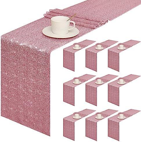 Sugargirl 10 Packs 12 x 72 inches Sequin Table Runner, Glitter Rose Pink Table Runner for Birthday Party Supplies Wedding Holiday Celebration Event Decorations by Sugargirl