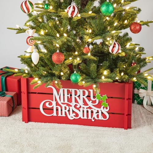 Glitzhome 24" L Wooden Crate Tree Collar, Red Merry Christmas Christmas Tree Base Cover Farmhouse Christmas Tree Collar Decorative Christmas Tree Skirt Collar by Glitzhome