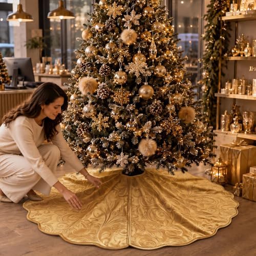Velvet Christmas Tree Skirt Decor, 60 Inches, Scalloped Edge, Gold - Image 5