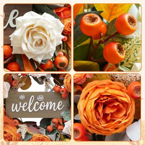 Fall Wreath for Front Door, 24 Inch Autumn Wreath with lamb's Ear Leaves, Roses, Berries & Wooden Sign,Fall Decorations for Home, Artificial Flowers Harvest and Thanksgiving Indoor & Outdoor - Image 4