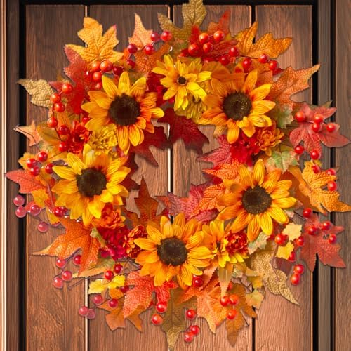 20" Sunflower Fall Wreath for Front Door Outside with Maple Leaves & Berry by Montekin