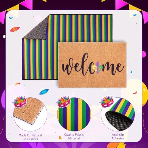 2 Pcs Mardi Gras Welcome Doormat, Welcome Mardi Gras Masks Mat, Carnival Fleur De Lis Non Slip Coir Mat Floor Striped Layering Doormats Seasonal for Front Porch Entryway Decor 24" x 32" - Image 4