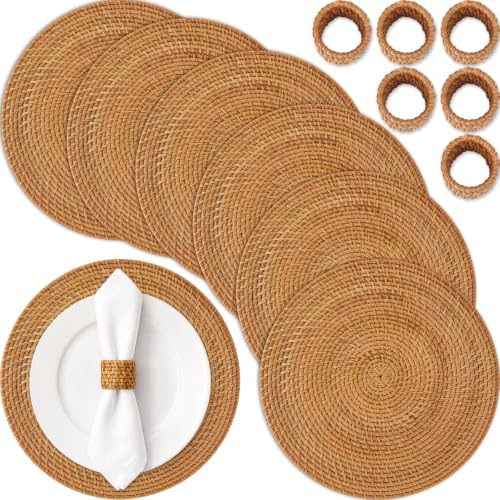 6 Pcs Rattan Charger Placemats with Napkin Rings Set, Brown by Gandeer