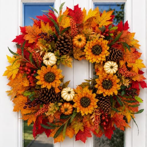 28 Inch Large Fall Sunflower Wreath for Front Door with Caramel Sunflowers by WEYANZE