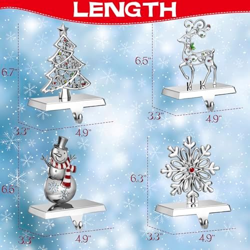 GUOER 4 Pack Snowflake Christmas Stocking Holder Set for Mantle Christmas Decorations Mantle Fireplace Topper-Snowman Reindeer and Christmas Tree Hangers Decorative Metal Hanger (Red Rhinestone) - Image 2