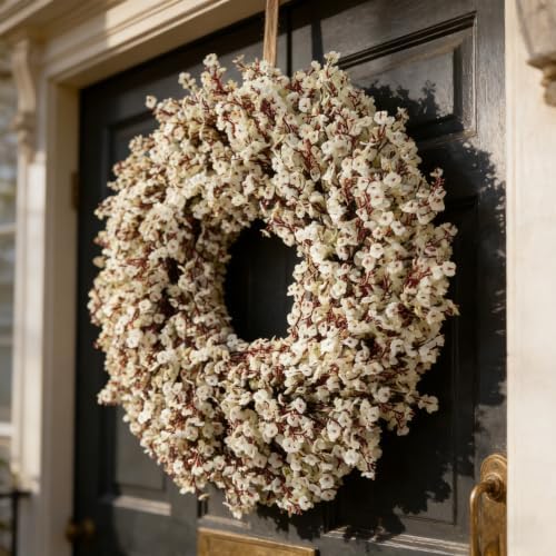 White Wreath for Front Door, 21 Inch Artificial Twig Wreath with White Flowers, Winter Wreath for Indoor Outdoor, Christmas Holiday Farmhouse Wall Decor - Image 4