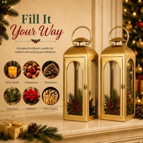 Christmas Decorative Lanterns Gold Metal Candle Holders 20 Inch 2 Pack - Image 3