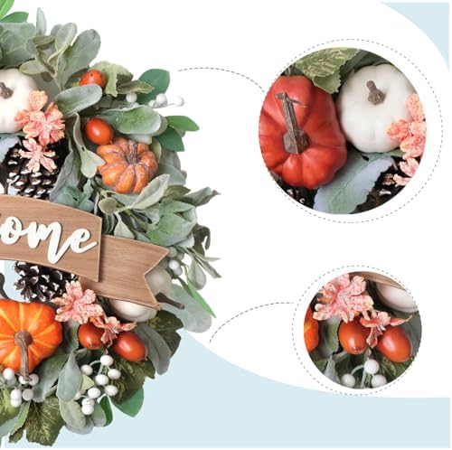 22 Inch Fall Pumpkin Wreath for Front Door with Welcome Wood Sign, White Orange Pumpkin Pinecone Acorn Wreath for Indoor and Outdoor, Autumn Door Decor - Image 2