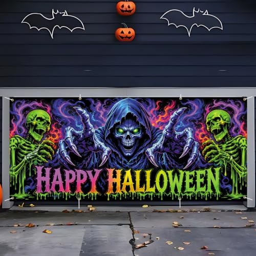 6x13FT Halloween Blacklight Neon Garage Door Cover Decorations happy Halloween Skull Garage Door Banner for Outdoor Indoor Halloween Decorations Party Photography Backdrop - Image 7