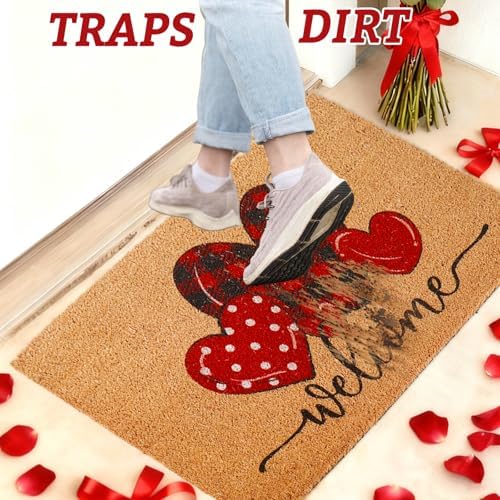 Whaline Valentine' s Day Doormat Natural Coir Welcome Floor Mat Plaid Dot Love Heart Rectangle Entrance Door Rug for Indoor Outdoor Home Bathroom Decor, 16.5 x 29 Inch - Image 2
