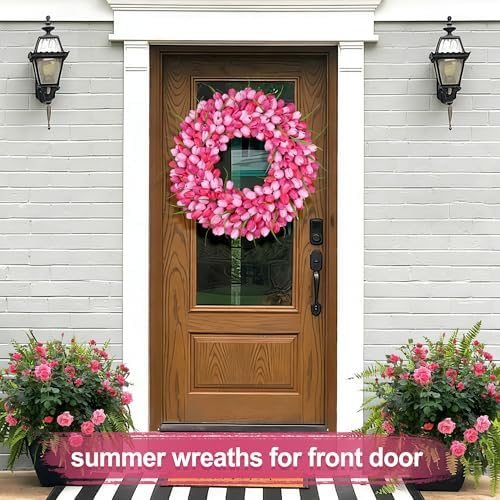 Pink Tulip Wreath Spring Wreaths for Front Door Zmtyykh Artificial Floral Door Wreath for Valentine’s Day Easter Summer Decor for Outdoor Indoor Window Wall Front Porch Farmhouse Home 22 Inch - Image 4