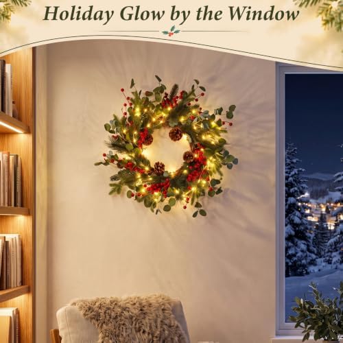 Kajaia 22'' Christmas Wreath for Front Door with Lights Decoration, Red - Image 6