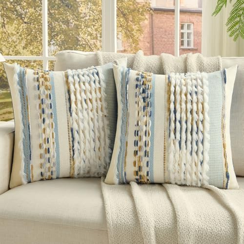 FUTEI 2 Pack Tufted Throw Pillow Covers Covers 50x50 cm,Navy+Brown by FUTEI