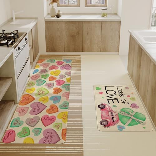 Valentines Day Kitchen Mat Set 2 Piece,Truck Colorful Hearts Kisses Hugs True Love Decorative Kitchen Rugs,Valentine's Day Low-Profile Kitchen Mats for Home Kitchen Decor 17"x48"+17"x30" - Image 4