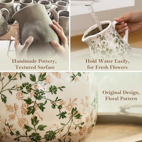 Vintage White and Green Floral Ceramic Vase with Handle, Retro Ice Glazed Crack Farmhouse Pitcher Vase for Home Decor, Living Room, Shelf, Office, Rustic Table Centerpiece 6 Inch - Image 5
