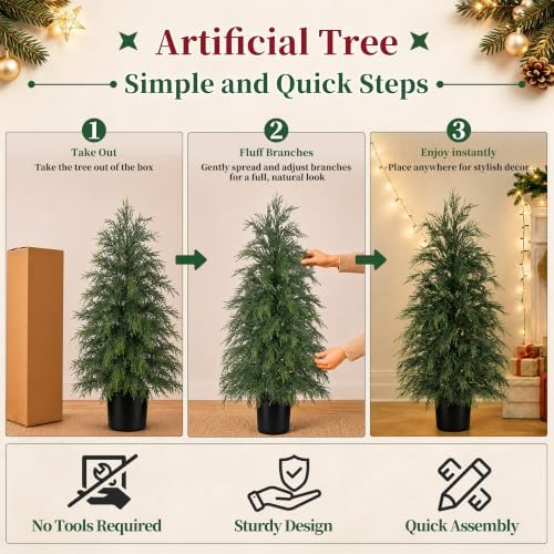 Grooy 3FT Artificial Cedar Topiary Trees, 2 Pack Fake Shrubs with Pot - Image 7