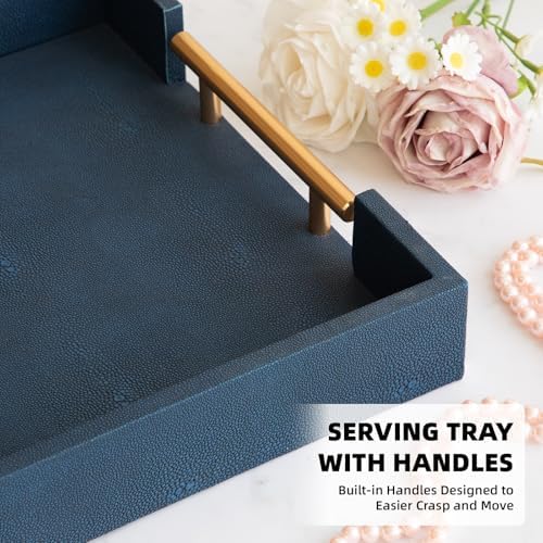 Modern Decorative Tray Set of 2, Blue Shagreen Leather Tray, Rectangle Serving Trays with Gold Polished Metal Handles, Ottoman Trays Coffee Table Perfume Kitchen Home Decor - Image 4