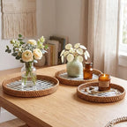 3 Pack Round Rattan Tray with Mother of Pearl Inlay Rattan Serving Tray for Coffee Bread Fruits Decorative Wicker Serving Platter for Table Home Kitchen Decor Black Checkerboard Style, 3 Size - Image 3