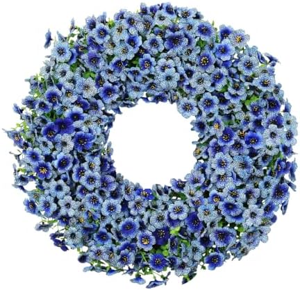 20" Blue Artificial Floral Wreath for Front Door Outside All Seasons by THEBLOOMTIMES