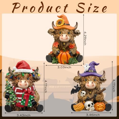 3 Pcs Highland Cow Decor Figurines, Seasonal Holiday Theme - Image 3