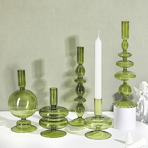 Rtteri 5 Pcs Glass Candlestick Holders Colorful Glass Taper Candle Stand Groovy Candlestick Wavy Boho Chic Clear Bases Holders Elegant Vase for Home Party Centerpiece(Green) - Image 3