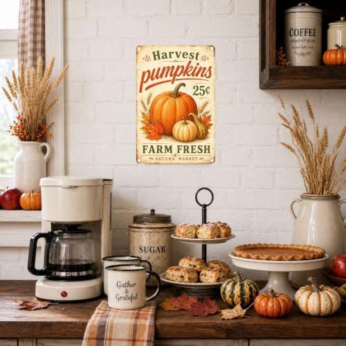 Decorative Tin Sign Vintage Metal Tin Sign Rustic Distressed Finish Harvest Pumpkins Farm Fresh Wheat Wall Decor for Farmhouse Kitchen Pantry Market 12×16 Inches with Metal Frame - Image 4
