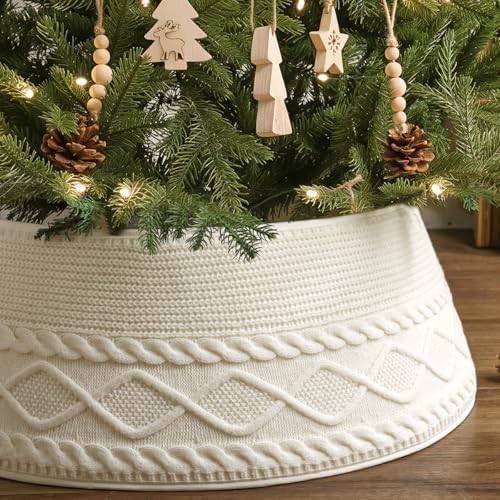 Knitted Christmas Tree Collar: Large Cream White Crossed Diamond Textured Chunky Cable Knit Christmas Tree Collars for Artificial Trees, Rustic Farmhouse Tree Ring Tree Skirt for Holiday Home Décor by Treory