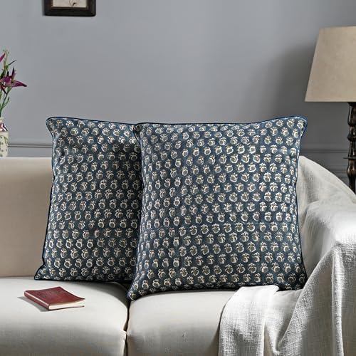 Ridhi Block Print Peacock Blue Pillow Cover 16" x 16" (Pack of 2) Decorative Couch Pillows for Living Room, Farmhouse Chic Boho Cute Outdoor Pillows Covers Gifts for Spring, Mother's Day - Image 2