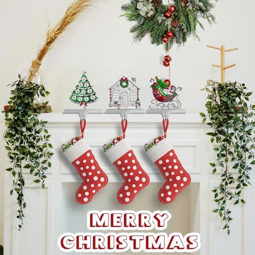 GUOER 3 Pack Christmas Stocking Holder Set for Mantle Christmas Decorations Mantle Fireplace Topper-House, Sleigh and Christmas Tree Hangers Decorative Metal Hanger - Image 5