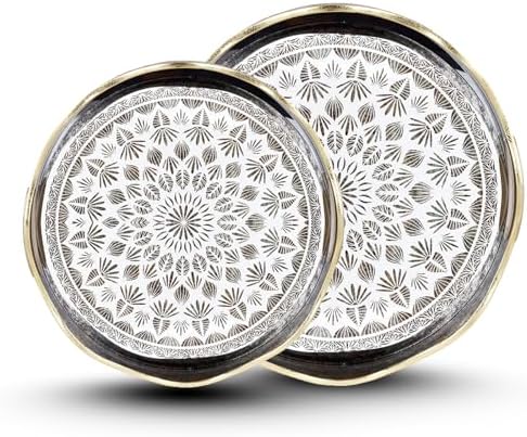 HOME ARCHIVE Round Serving Tray with with Handles Antique Look & Stylish Design Decorative Trays for Kitchen Round Ottoman Tray for Dinning Living Room & Home Decor Pack of 2 (Black-Gold) by HOMEARCHIVE
