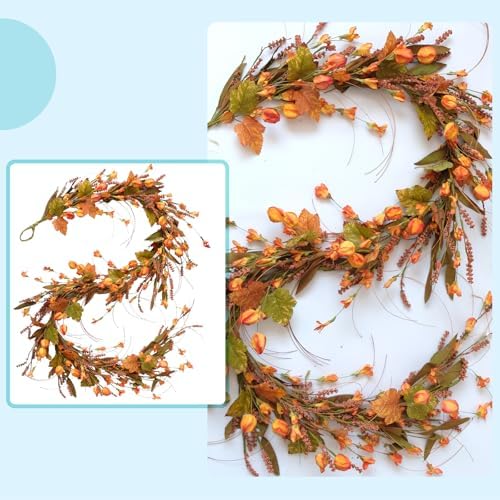Fall Garland for Front Door, 82" Autumn Orange Maple Floral Wreath with Forsythia, Harvest Garland for Festival Thanksgiving Farmhouse Wall Home Decor - Image 4